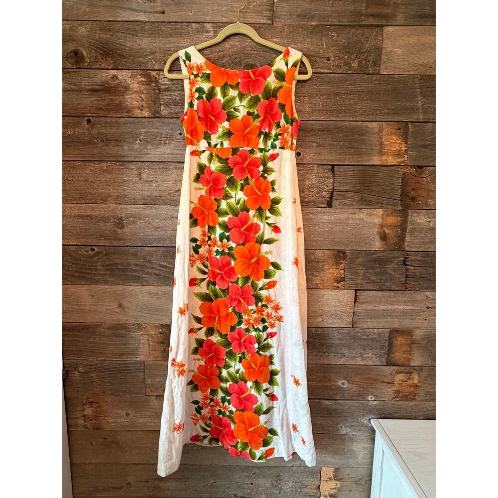 Vintage 1960s Ui-Maikai Hawaiian Barkcloth Maxi Dress Neon Hibiscus Print Sz S